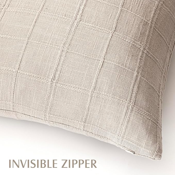 Foindtower Set of 2 Decorative Linen Check Throw Pillow Covers Neutral Farmhouse Lumbar Cushion Covers Modern Boho Home Decor for Sofa Chair Couch Bedroom Living Room,12×24 Inch,Natural Linen