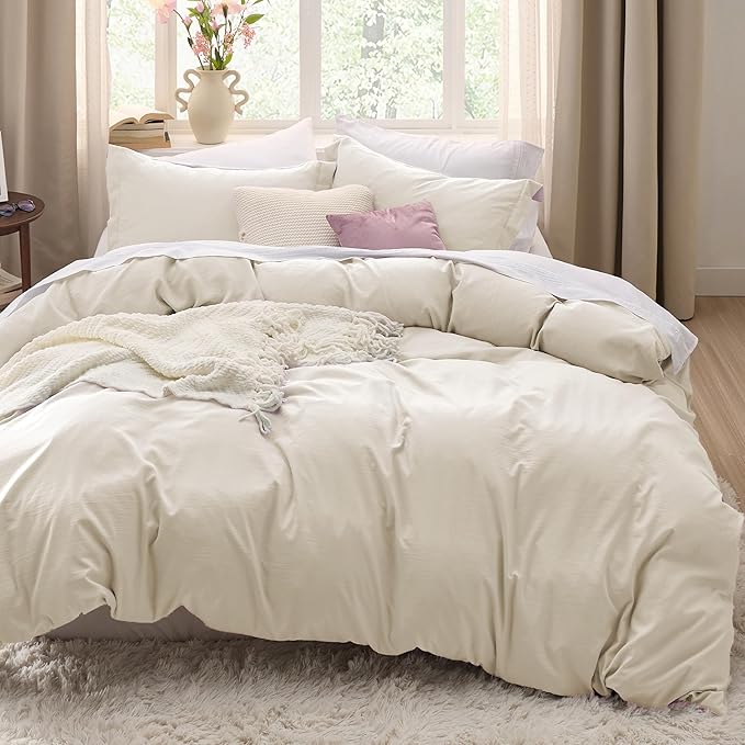 Bedsure Oat Milk Duvet Cover Full Size - 3 Pieces Prewashed Extra Soft Cotton-Like Polyester Bedding Set, Includes 1 Duvet Cover 80x90 Inches with Zipper Closure & 2 Pillow Shams, No Comforter