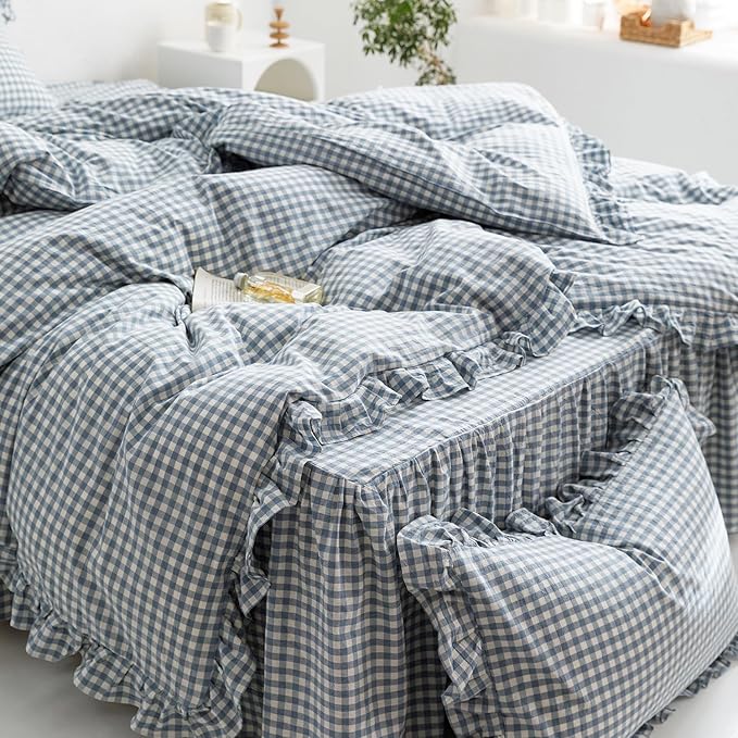 mixinni Blue White Gingham Ruffle Duvet Cover Queen Size 3 Pieces – 100% Washed Cotton, Vintage Plaid Ruffled Bedding Set with Zipper Ties, Soft Checkered Grid Farmhouse Chic Comforter Cover Set