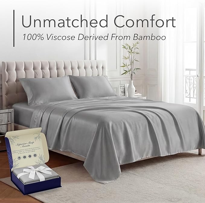 DECOLURE 100% Viscose Derived from Bamboo Sheets King Size - Luxury 4 Pc Naturally Cooling Sheets, Ultra Soft Bed Set - Deep 17" Pockets, Durable Double Stitching, Oeko Tex Standard (Light Grey)