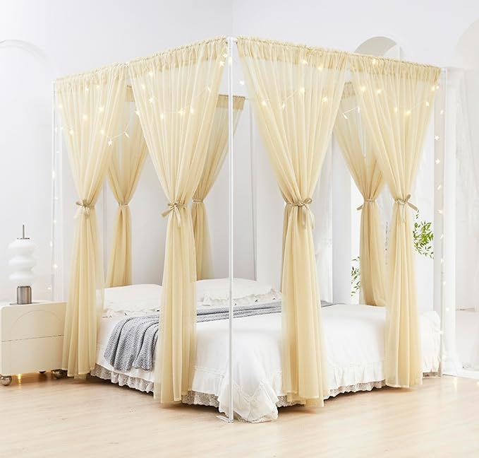 Akiky Canopy Bed Curtains 8 Panel Bed Curtains Drapes for Full Queen Size Bed Sheer Canopy Bed Drapes with Lights(Khaki)