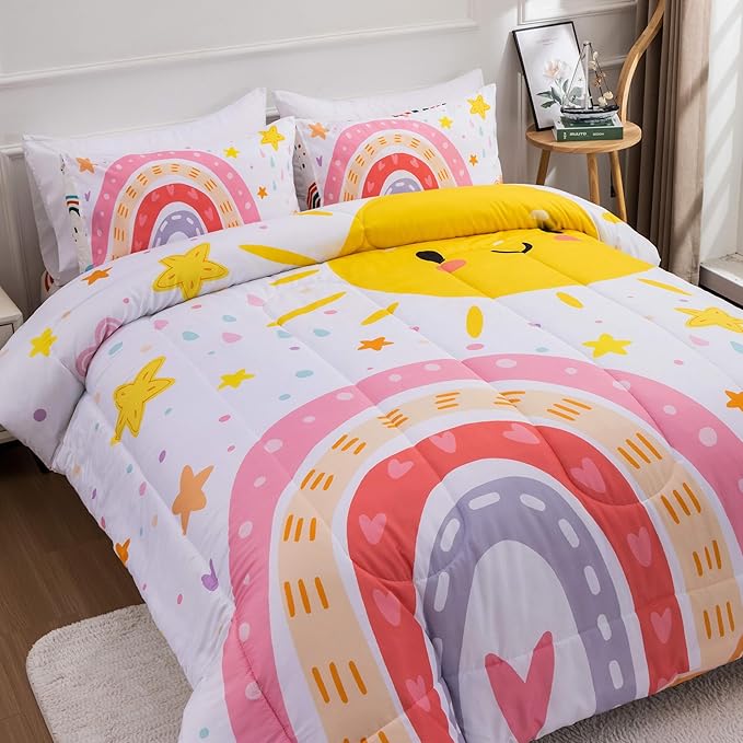 Btargot Lightweight Soft 3 Piece Rainbow Comforter Set with 2 Pillow Covers, Cartoon Love Hearts Flowers and Sun Star Bedding Set for Girls Boys Kids, Full Pink