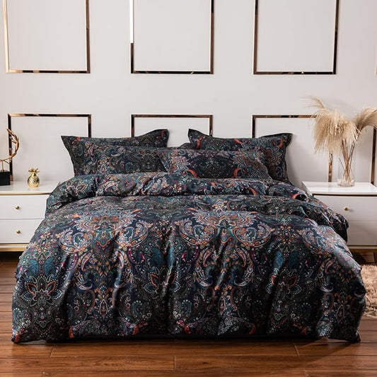 ABREEZE Luxury Vintage Black Duvet Cover Sets Damask Paisley Bedding Set Retro 100% Brushed Cotton Zipper Closure Bedding Collection Queen Size