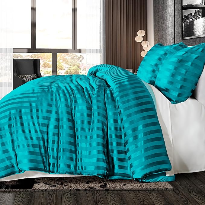 Whale Flotilla 2-Piece Reversible Silky Soft Twin Size Comforter Set, Luxury Stripe Satin Comforter Bedding Set with Satin Pillowcase, Lightweight Duvet Set for All Seasons, Turquoise