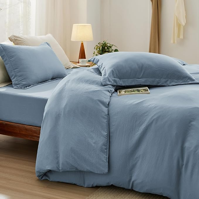 Bedsure Duvet Cover Queen Size with Fitted Sheet - 4 Pieces Prewashed Cotton-Like Polyester Extra Soft Bedding Set, Includes 1 Duvet Cover 90x90 Inches, 2 Pillow Shams, 1 Fitted Sheet, Mineral Blue