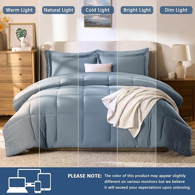 CozyLux Full Size Comforter Sets Grayish Blue - 7 Pieces Bed in a Bag Full, Oeko-Tex Certified Bed Set, All Season Soft Bedding Set with Down Alternative Comforter, Sheets, Pillowcases & Pillow Shams