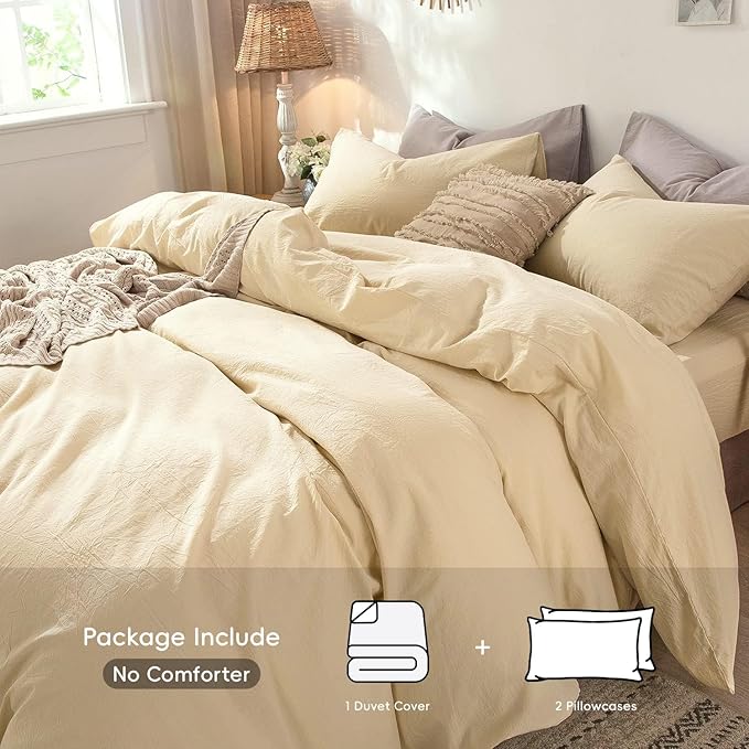 MooMee Bedding Duvet Cover Set 100% Washed Cotton Linen Like Textured Breathable Durable Soft Comfy (Heathered Light Yellow, Queen 90"x90")