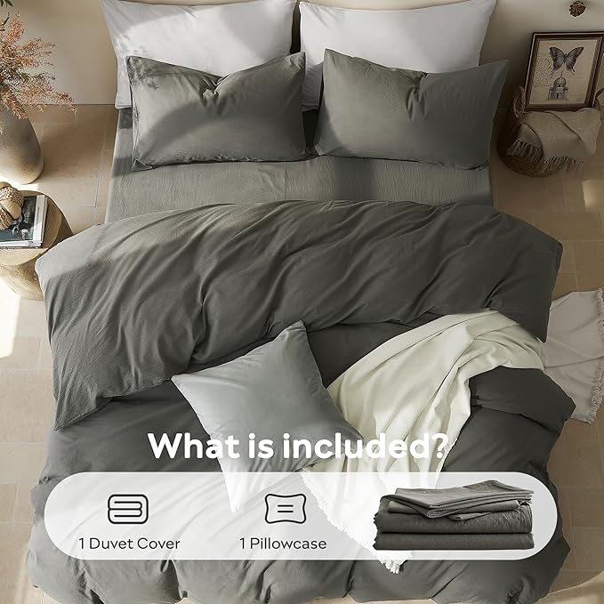 JELLYMONI Duvet Cover Twin Size - Washed Cotton Comforter Cover with Linen-Like Texture,Breathable & Soft Bedding for Modern Home,Guest Room and Everyday Use,Dark Grey 1 Duvet Cover & 1 Pillowcase