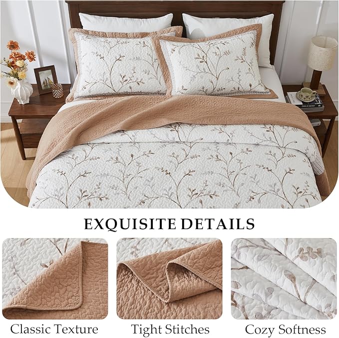 Oversized King Bedspread 120"x120" - 100% Cotton Lightweight All-Season Quilted Coverlet with Vine Floral Design - Elegant Farmhouse & Modern Bedding - California King Quilt Brown/White