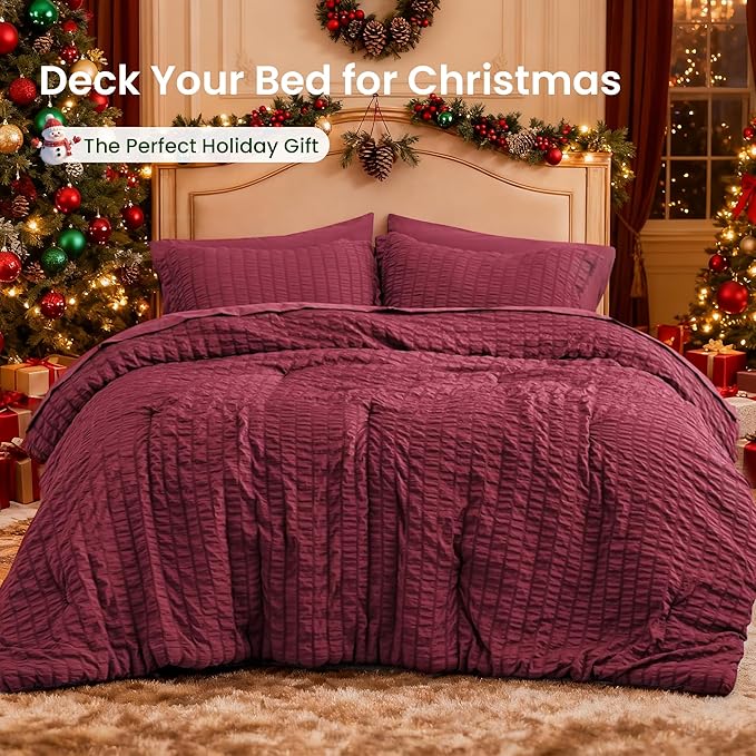 Love's cabin Seersucker Burgundy King Size Comforter Set, 7-Piece All Season Lightweight Bed in a Bag Bedding Set with Comforter, Flat Sheet, Fitted Sheet, Pillowcases and Shams | Soft, Breathable, Lightweight