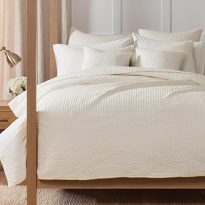 Levtex Home Cross Stitch Reversible Full/Queen Quilt Set (88x92in) with 2 Pillow Shams (26x20in) - Stitch Texture - Cream - Cotton Full/Queen Size Quilt Bedding Set - Lightweight, Soft, Pre-Washed
