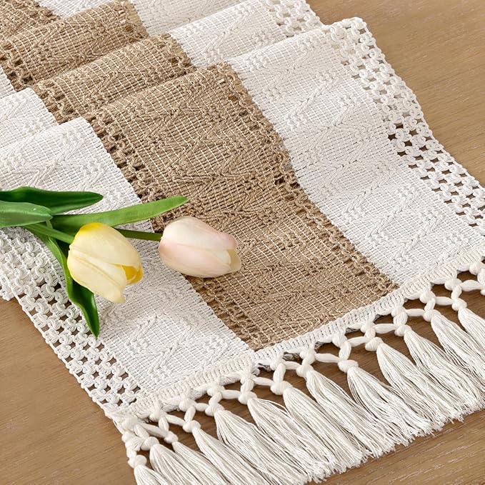 Socomi Boho Table Runner Easter Spring Farmhouse Rustic Dining Kitchen Centerpiece Decor Small Macrame Woven Cotton Linen Coffee Table Runner for Dresser Scarf Home Decor 12x60 inch
