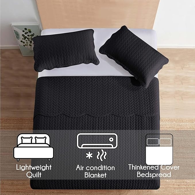 IR Imperial Rooms Queen Quilt Bedding Set Size (90" x 96") + 2 Pillow Shams (20" x 26"+ 2") - 3 Pcs All Season Lightweight Reversible Microfiber Coverlet Embossed Quilt Bedspread (Black)