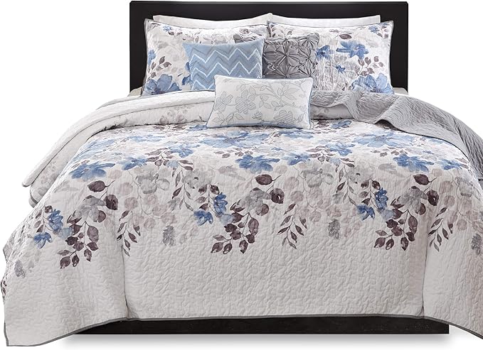 Madison Park Luna Quilt Modern Classic Design All Season, Breathable Coverlet Lightweight Bedding Set, Matching Shams, Decorative Pillow, Full/Queen(90"x90"), Floral Blue 6 Piece