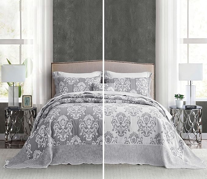 HZ & HY Oversized King Bedspread 128x120 Extra Wide, Jacquard Matelasse Damask Pattern Design, Lightweight, Reversible, 5 Piece, 100% Microfiber, Grey