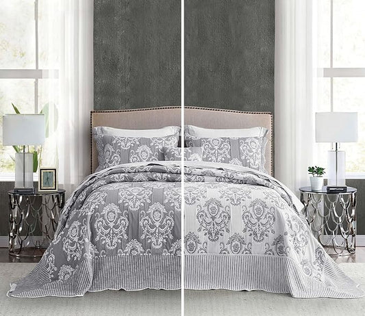 HZ & HY Oversized Queen Bedspread, Jacquard Matelasse Damask Pattern Design, Lightweight, Reversible, 5 Piece, 100% Microfiber, Queen, Grey