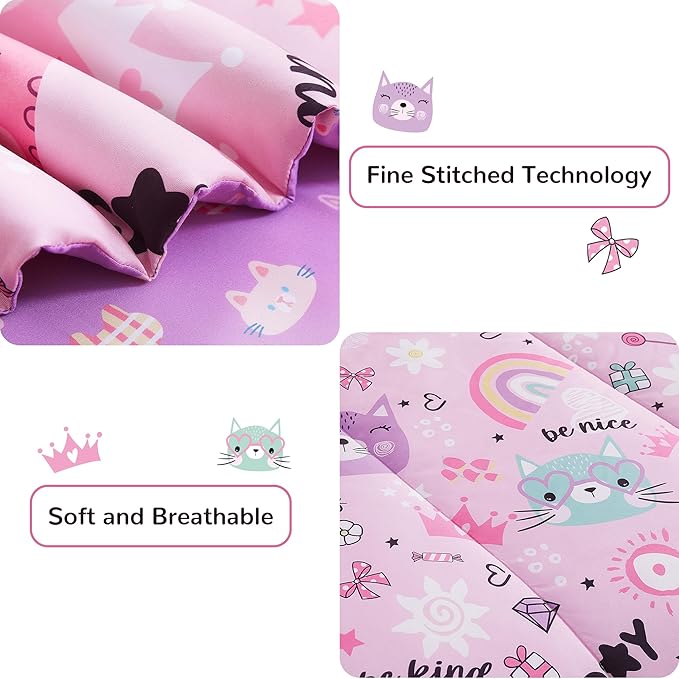 Viviland Kids Twin Bedding Sets for Girls, Soft Twin Comforter Set with Sheets, 5 Pieces Microfiber Bed in a Bag, Pink Cat Kitty