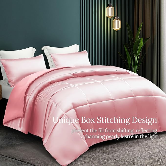 Whale Flotilla 2-Piece Reversible Silky Soft Twin Size Comforter Bedding Set, Luxurious Satin Comforters with Satin Pillowcase, Lightweight Duvet for All Seasons, Pink