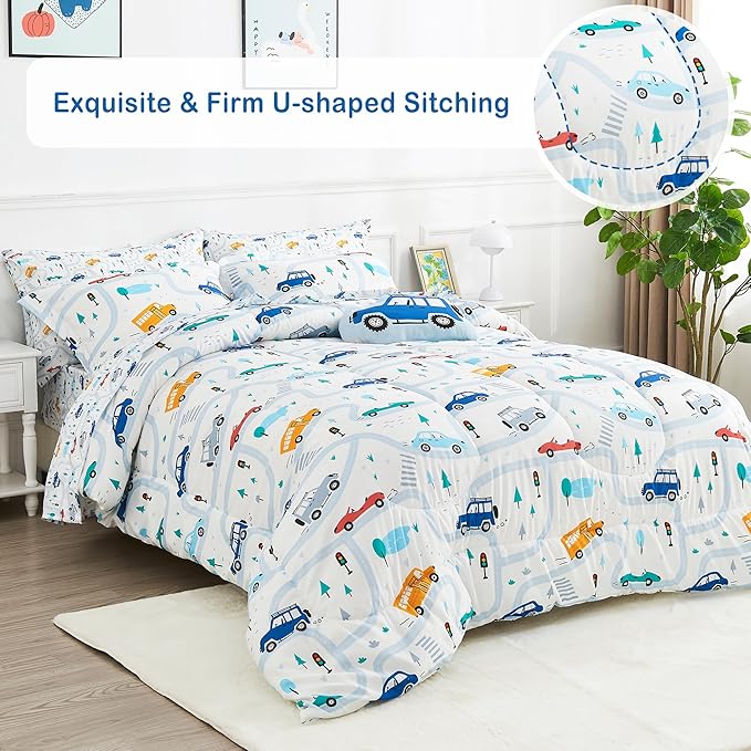 Mooreeke Bed in a Bag for Kids Boys Teens, 6 Pieces Twin Size Comforter Bed Set with Shams, Sheet Set and Decorative Toy Pillow, Cars White Super Soft Microfiber Kids Comforter Bedding Set