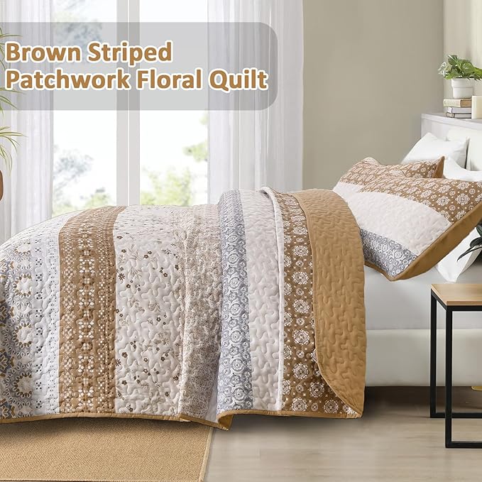 WONGS BEDDING Boho Quilt Set King, Brown Bohemian Striped Patchwork Summer Bedspread Coverlet Set with 2 Pillowcases,Lightweight Microfiber Floral Bedding Set 104"×90"