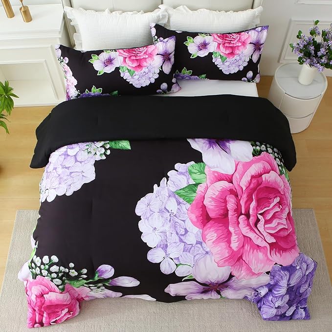 Floral Comforter Set Queen Size, 3 Pieces Elegant Black Floral Bed in a Bag, Soft Microfiber Botanical Flower Bedding Set with 2 Pillowcases for All Season 90"×90"