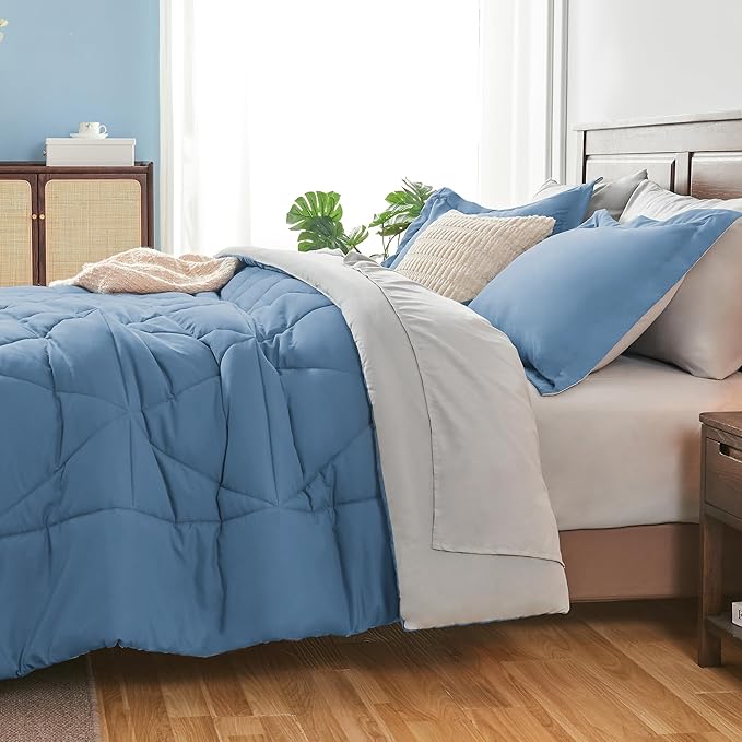 BEDELITE Full Comforter Set 7 Pieces Bed in A Bag - Soft Microfiber Reversible Blue Bed Set with Comforters, Sheets, Pillowcases & Shams, Cozy Luxury Bedding Sets for All Season