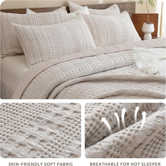 Sanracie Cotton Oversized King Bedspread (128"x120"), Oatmeal Colored Waffle Weave Quilted Set Extra Wide Farmhouse Aesthetic Bedding Set 3Pcs Soft Breathable Bedding Coverlet for All Season