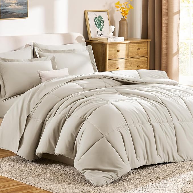 CozyLux California King Comforter Set Beige - 7 Pieces California King Bed in a Bag Set, All Season Soft Bedding Sets with Comforter, Flat Sheet, Fitted Sheet, Pillowcases & Pillow Shams