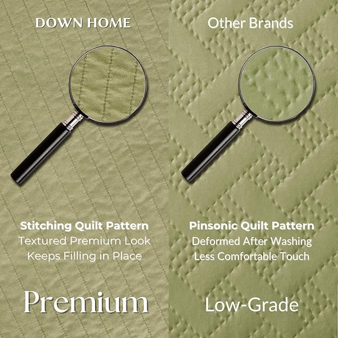 DOWN HOME King Quilt Bedding Set with Shams, Vintage Washed Soft Quilted Blanket Thin Comforter Lightweight Bedspread Coverlet Bed Cover, Brushed Microfiber Stripe Stitching, Golden Olive, 104"x90"