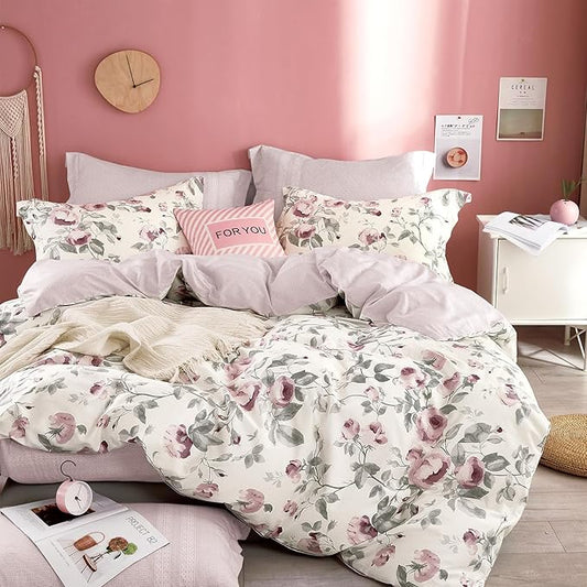 Vintage 100% Cotton Duvet Cover Queen Size - Dusty Rose & Soft Gray Foliage on White, Blush French Striped Patchwork Reverse, Neutural Bedding Set 3Pcs with Button Closure (Queen,90"x90")
