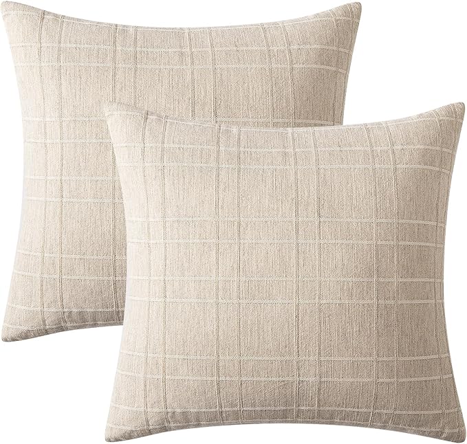 MIULEE Decorative Linen Check Throw Pillow Covers Neutral Farmhouse Vintage Pillow Covers 16x16 Set of 2 Boho Modern Home Decor for Sofa Couch Bedroom Cushion Natural Beige