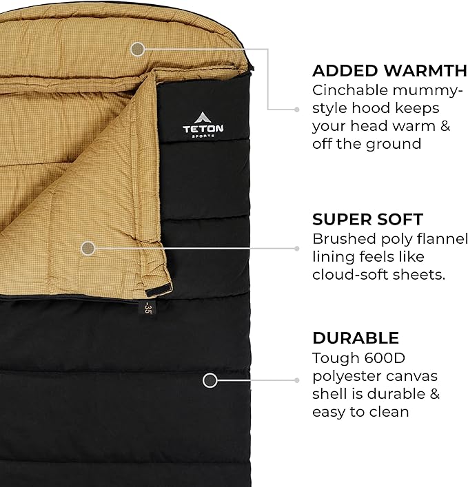 TETON Sports Deer Hunter Sleeping Bag, Warm and Comfortable Camping Sleeping Bag, Teton Tough Canvas Shell for Camping, Hunting, and Cold Weather