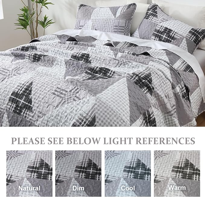 Annibedding Patchwork Quilt Set King Size, Grey Geometric Bedspread Plaid Patchwork Bedding Set for All Season, Soft Lightweight Bedspread with Wave Quilting (King, 110''x90'')