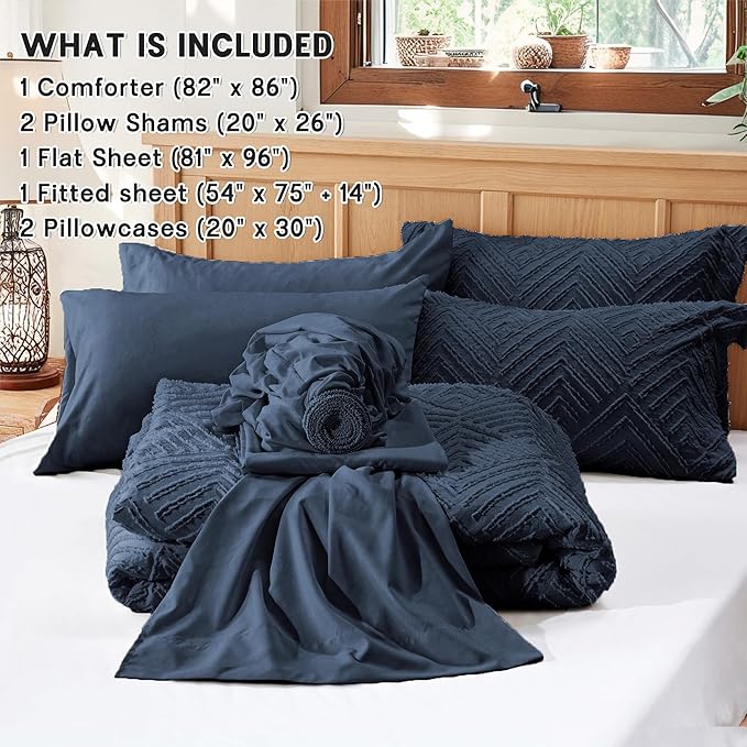 Zzlpp Full Comforter Set 7 Pieces, Navy Blue Tufted Bed in a Bag with Comforter and Sheets, All Season Boho Bedding Sets with Comforter, 2 Pillow Shams, 2 Pillowcases, 1 Flat Sheet, 1 Fitted Sheet