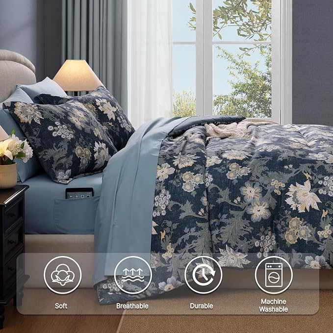Queen Comforter Set -7 Pieces Floral Antique Blue Comforter Set for All Seasons, Bed in a Bag Queen with Botanical Flowers Comforter, Sheets, Pillowcases & Shams