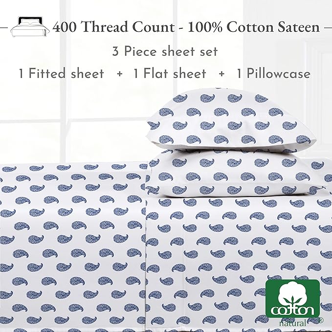 California Design Den Deep Pocket Twin Sheets Set - 400 Thread Count Sateen, Natural 100% Cotton Sheets, and Durable Bedding Set - Paisley Blue