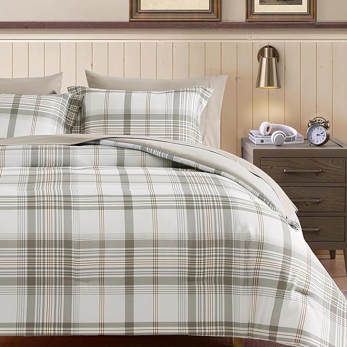 Twin XL Comforter Set Grey White, Plaid Bedding Set 5 Pieces for Boys Girls Teen, All Season Lightweight Bed in a Bag for Dorm with Sheets, Pillowcase & Sham
