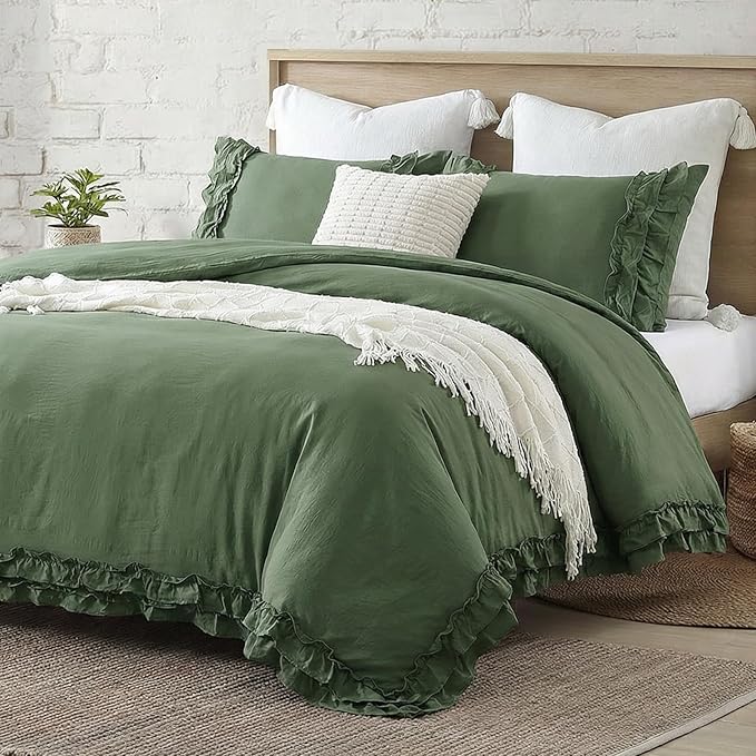 Bedorm Boho Twin Duvet Cover Olive Green Bedding Set Shabby Chic Lace Fringe Ruffle Bedding Super Soft Warm Farmhouse Comforter Cover 3 Pcs Sets