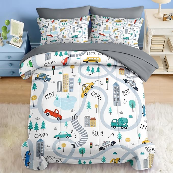 Comforter Set Queen Size, Cute Car City 7 Pcs Bedding for Kids and Adults, Cartoon Tree Truck Bed Sheet Sets with Fitted Sheet 2 Pillowcases & 2 Shams for Bedroom Bed Decor