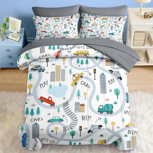 Comforter Set Queen Size, Cute Car City 7 Pcs Bedding for Kids and Adults, Cartoon Tree Truck Bed Sheet Sets with Fitted Sheet 2 Pillowcases & 2 Shams for Bedroom Bed Decor