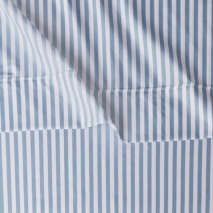Amazon Basics Lightweight Breathable Super Soft Microfiber 4 Piece Bed Sheet Set, Wrinkle Resistant With 14-inch Deep Pockets - Queen, Dusty Blue Pinstripe, Printed
