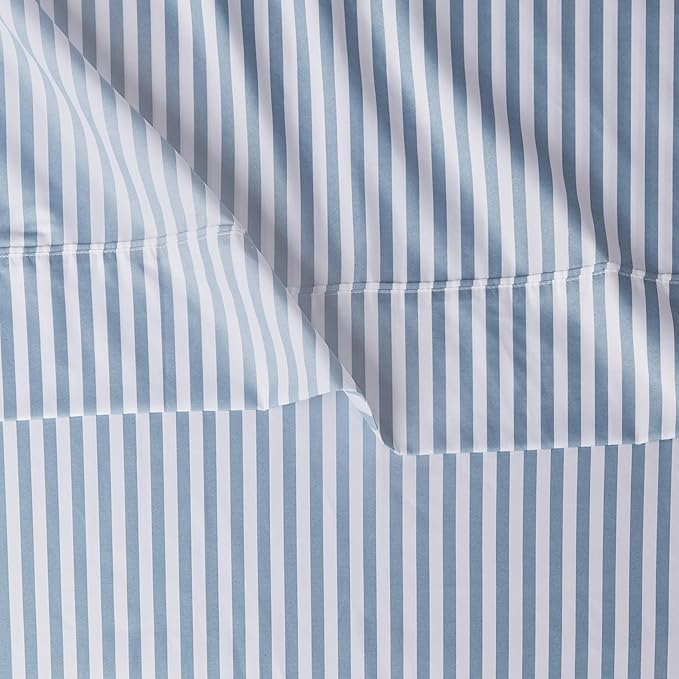 Amazon Basics Lightweight Super Soft Easy Care Microfiber 4 Piece Bed Sheet Set with 14-inch Deep Pockets - Queen,Dusty Blue Pinstripe,Printed,(Pack of 4)