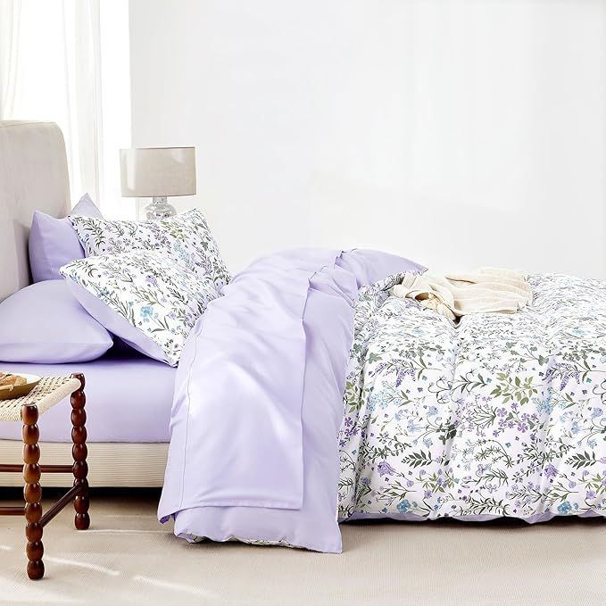 Wake In Cloud - Floral Duvet Cover Set, Shabby Chic Cottage Garden Botanical Flower Style with Elegant Wildflower Pattern, Soft Lightweight Bedding, 3 Pieces, Purple White, Twin/Twin XL Size