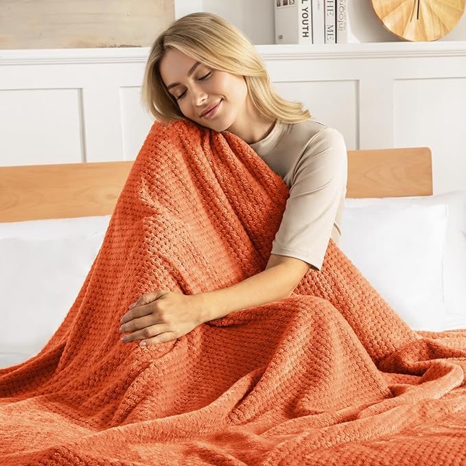 Exclusivo Mezcla Fleece Throw Blanket Extra Large, Super Soft and Warm Blankets for Couch, Sofa and Bed Waffle Textured, Cozy, Fuzzy and Lightweight (Burnt Orange, 50x70 Inches)