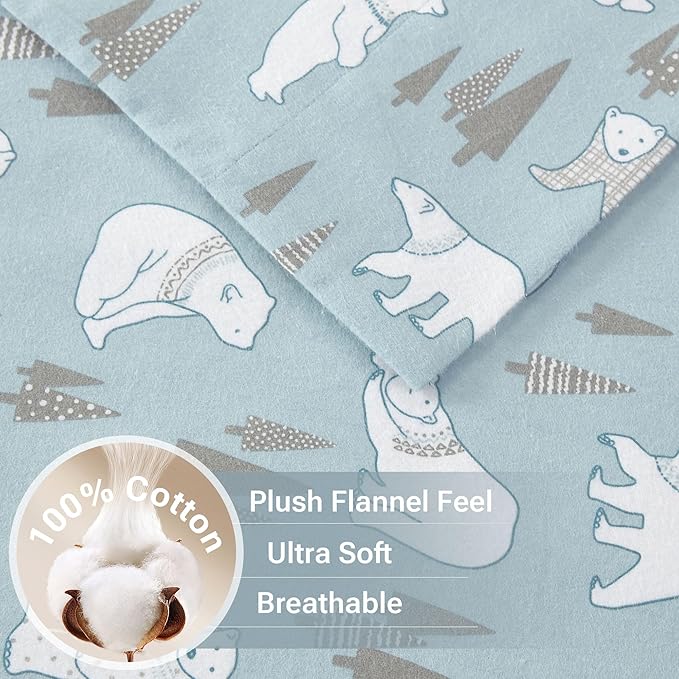 True North by Sleep Philosophy Cozy Flannel Warm 100% Cotton Sheet - Novelty Print Animals Stars Cute Ultra Soft Cold Weather Bedding Set, Full, Blue Polar Bears 4 Piece