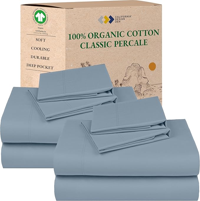 California Design Den 2-Pack Queen Bedsheet Sets - 100% Organic Cotton, Crisp, Breathable and Lightweight Percale, Deep Pocket Sheet & Pillowcase Sets - Blue Hydrangea