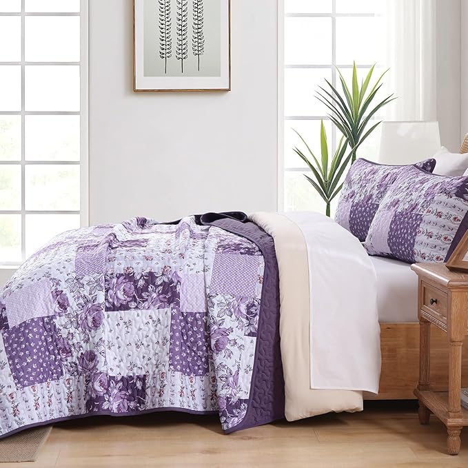 Purple Quilt Set King Size, Boho Floral Plaid Bedspread Coverlet Set, Patchwork Quilt Bedding Set, Farmhouse Soft Lighweight Bedspread Set for All Season