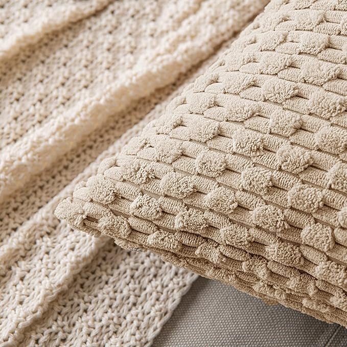 MIULEE Pack of 2 Decorative Throw Pillow Covers 18x18 Inch Soft Boho Striped Textured Corduroy Pillow Covers Modern Farmhouse Home Decor for Couch Bed Sofa Living Room Neutral Tan