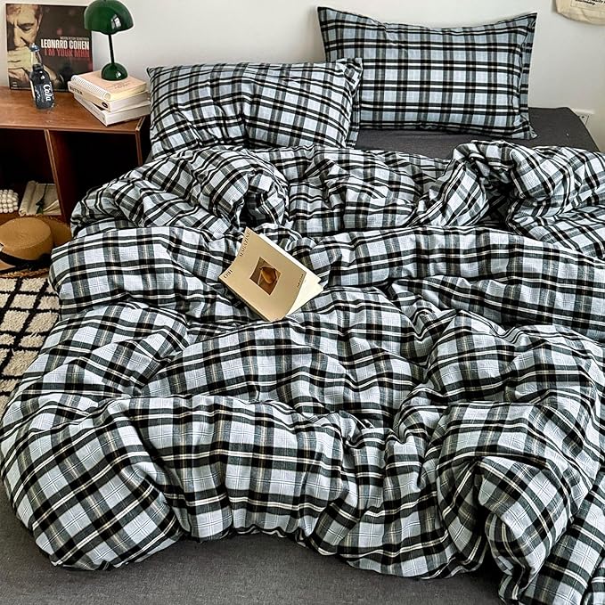 mixinni Vintage Grey & Pale Blue Buffalo Plaid Duvet Cover Set Full Size - 3 Piece Washed Cotton Bedding Set with Grid Pattern, Soft & Breathable Duvet Cover with Pillowcases for Boys, Men& Women