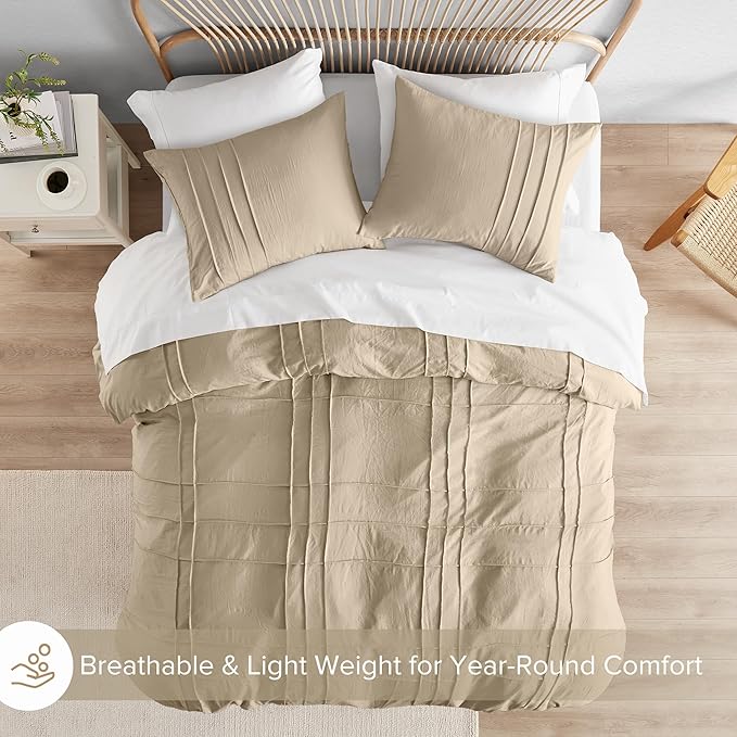 Comfort Spaces Khaki King Size Duvet Cover Set - 3-pc Pintuck Pleated, All Season Lightweight, Extra Soft Pre-Washed Microfiber Bed Cover With Shams